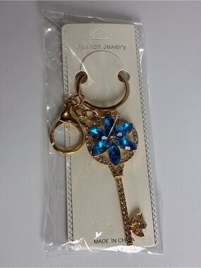 Gold Key Crystal Keychain with Bright Blue Flower Petals Accent New Without Tags